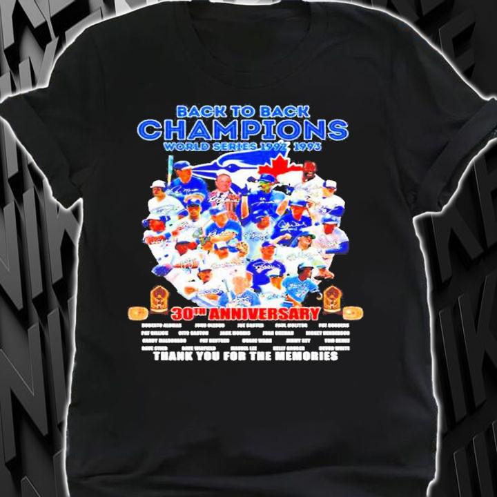 Funny toronto Blue Jays Back To Back Champions World Series 1992-1993 30th Anniversary Signatures Thank You For The Memories Shirt t-shirt shirt
