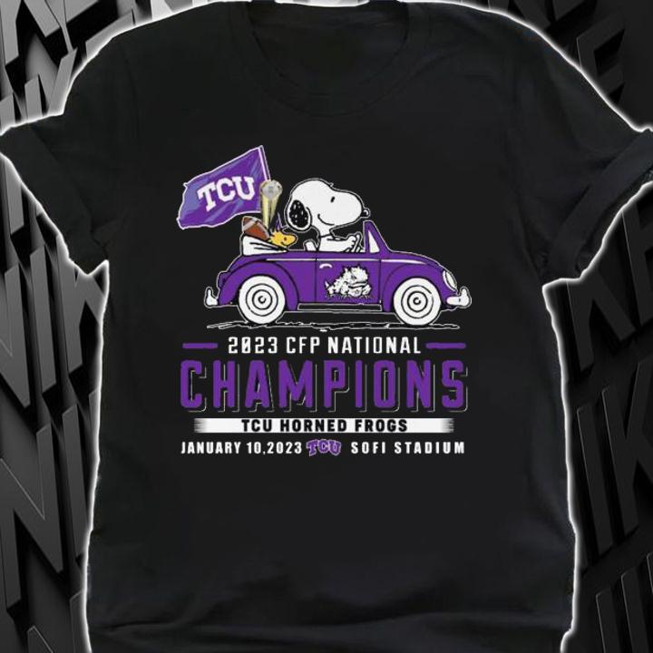 Snoopy Woodstock Driving Car TCU Horned Frogs Flag 2023 CFP National Champions t-shirt shirt