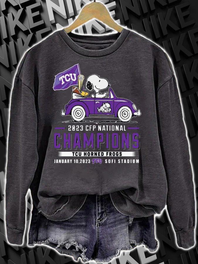 Snoopy Woodstock Driving Car TCU Horned Frogs Flag 2023 CFP National Champions t-shirt sweatshirt
