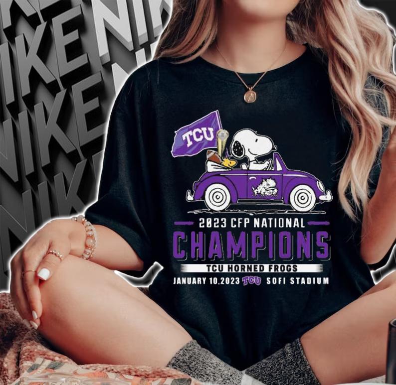 Snoopy Woodstock Driving Car TCU Horned Frogs Flag 2023 CFP National Champions t-shirt woman shirt