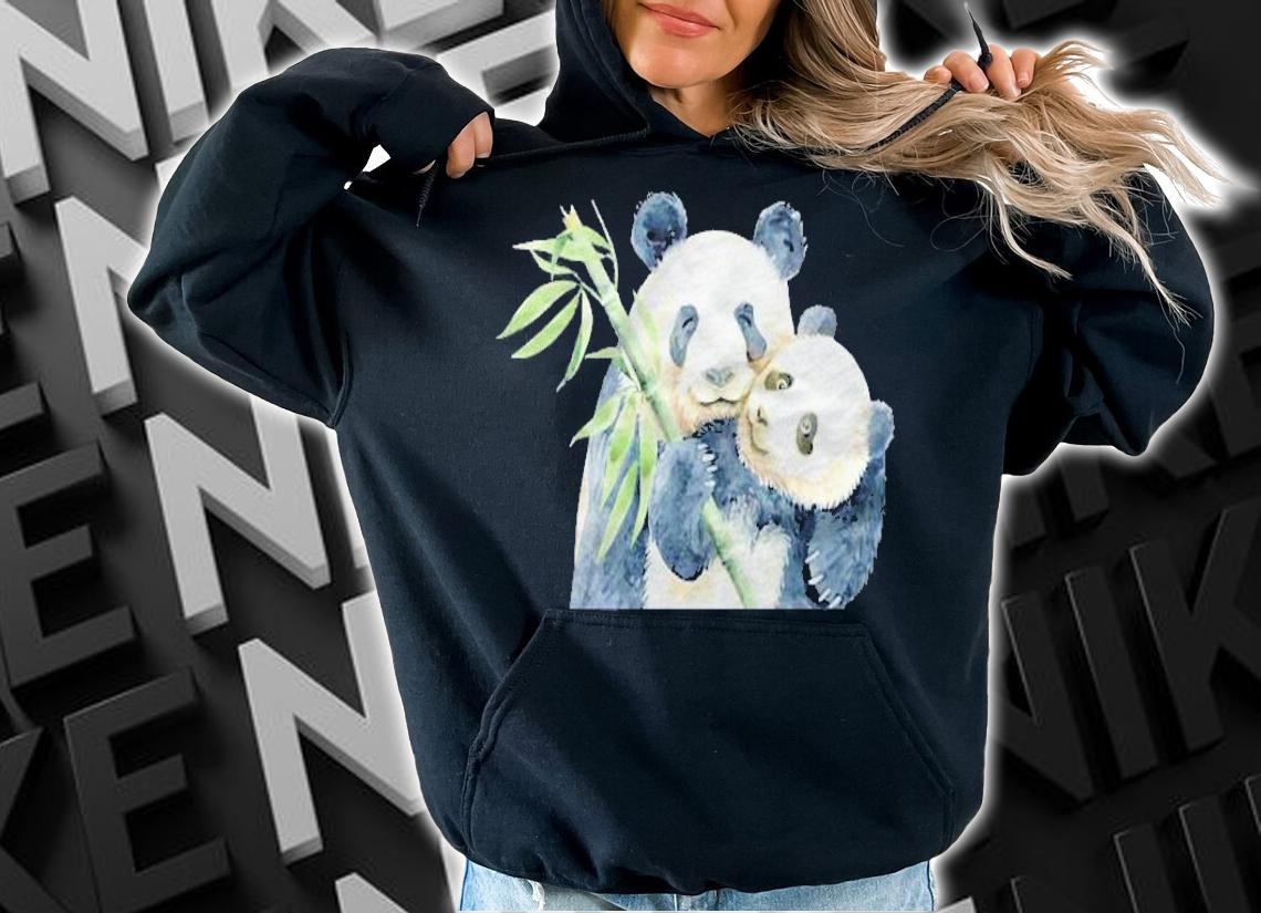 Watercolor Panda And Baby Panda With Bamboo Shirt