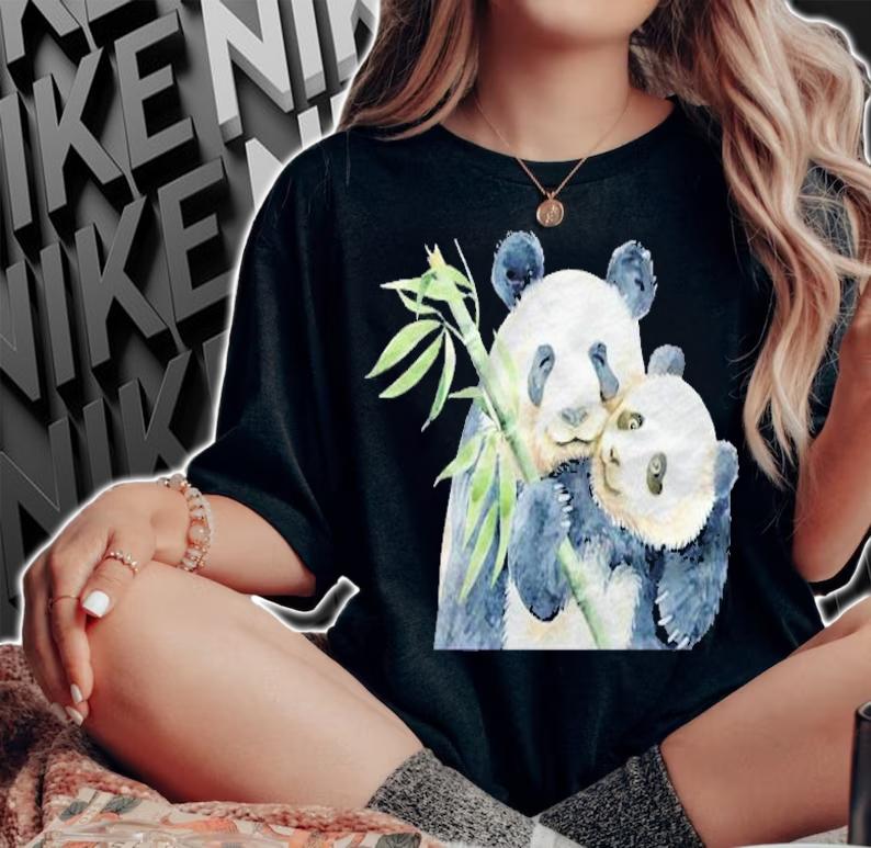 Watercolor Panda And Baby Panda With Bamboo Shirt