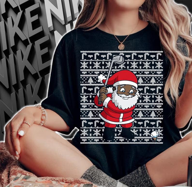 Golf Black African American Santa Claus Golfing Christmas T-Shirt woman shirt