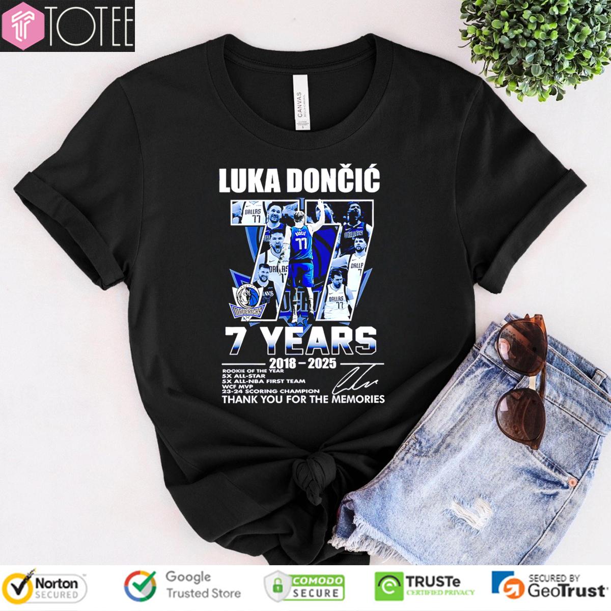 Dallas Mavericks 77 Luka Doncic 7 Years 2018-2025 Signature t-shirt